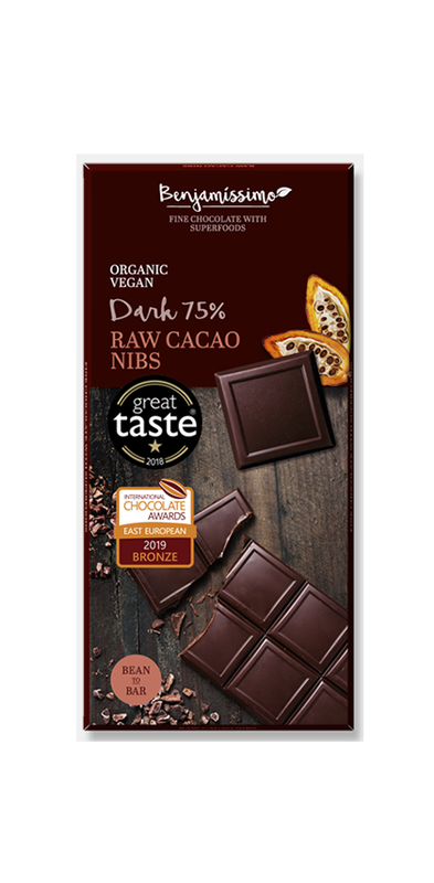 Tablette de chocolat noir végétalien biologique 75% fèves de cacao crues