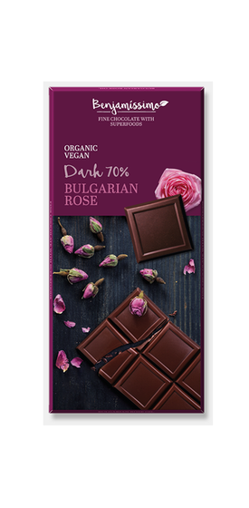 Tablette de chocolat noir végétalien biologique 70% huile de rose bulgare