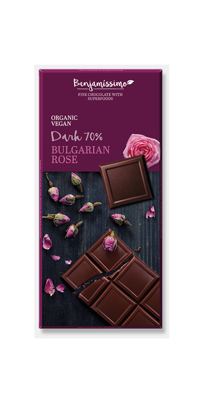 Tablette de chocolat noir végétalien biologique 70% huile de rose bulgare