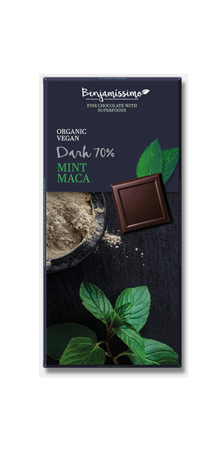 Organic vegan Chocolat Bar Mint Maca / Dark 70%