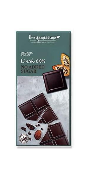 Tablette de chocolat végétalien biologique noir 80% sans sucre ajouté