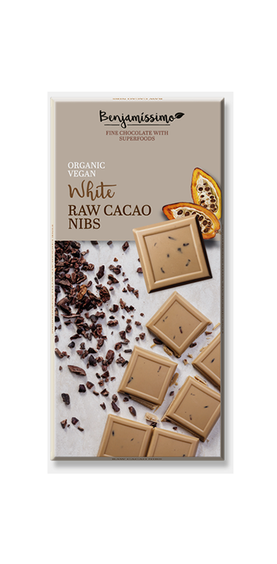 Tablette de chocolat végétalien biologique blanc fèves de cacao crues