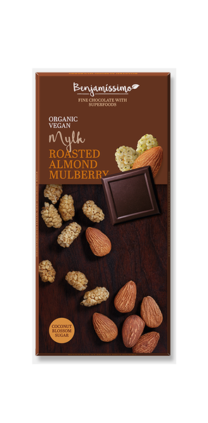 Tablette de chocolat végétalien biologique lait coco noisettes grillées mûres blanches