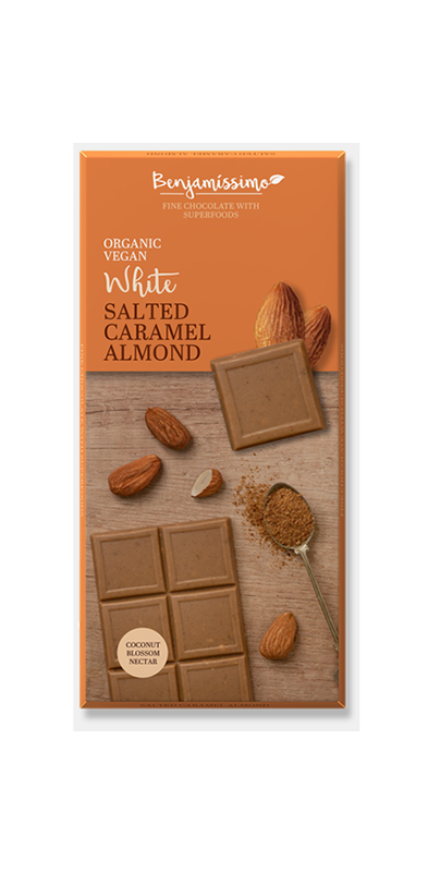 Organic vegan Chocolat Bar Salted caramel Almond / White
